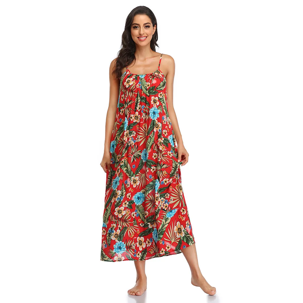 

2021 Summer Boho Floral Dress Women Casual Beach Print Loose Long Dress Spaghetti Strap Sexy Sleeveless Sundress Vestidos Mujer