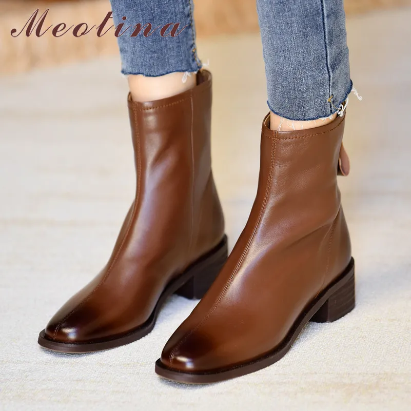 

Meotina Ankle Boots Women Shoes Genuine Leather Mid Heel Short Boots Round Toe Zipper Block Heels Lady Boots Autumn Black Brown