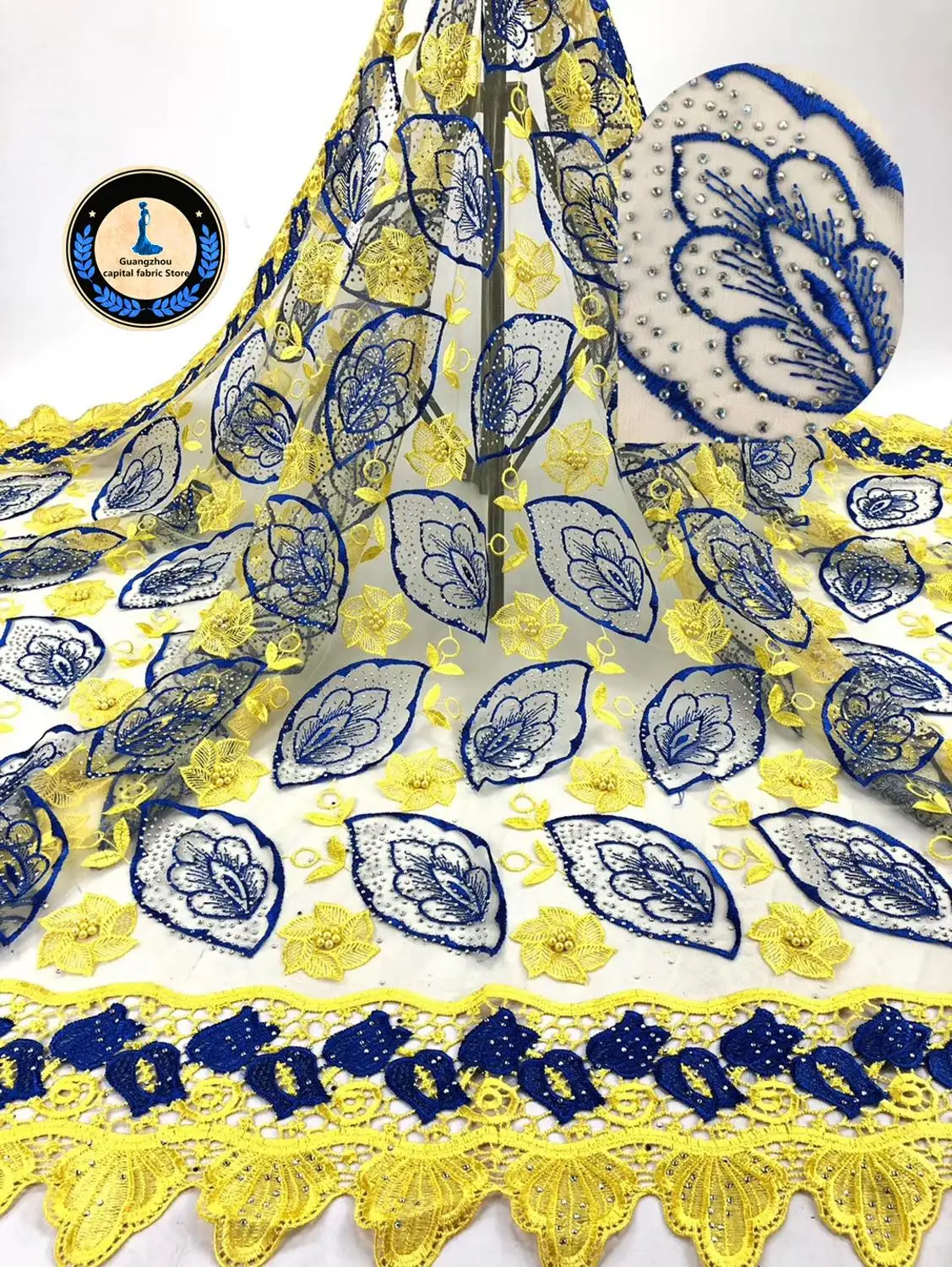 

New African lace Fabric 5 Yards/pcs Nigeria Lace Design embroidery beads With stone fabric Used for women's party dresses