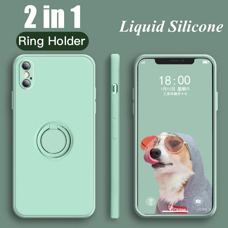 

Ultra-thin Silicone Case For iPhone 11 Pro Max with Ring holder [2in1] Soft Liquid Matte Silicone Back Cases for iPhone