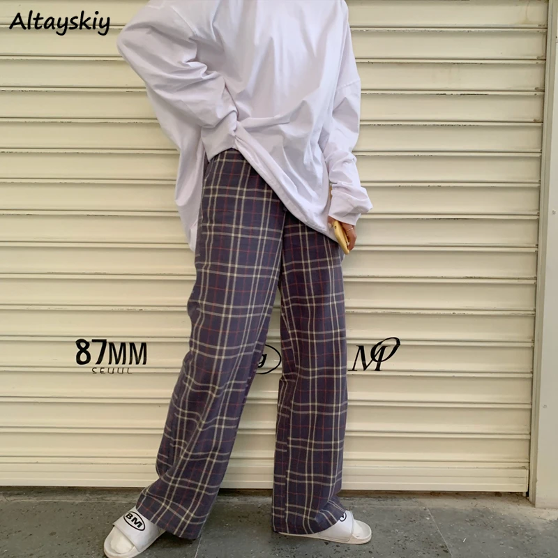 

Causal Pants Women Plus Size 4XL Plaid Purple Straight Retro High Waist All-match Students Daily Streetwear Ulzzang Loose Chic