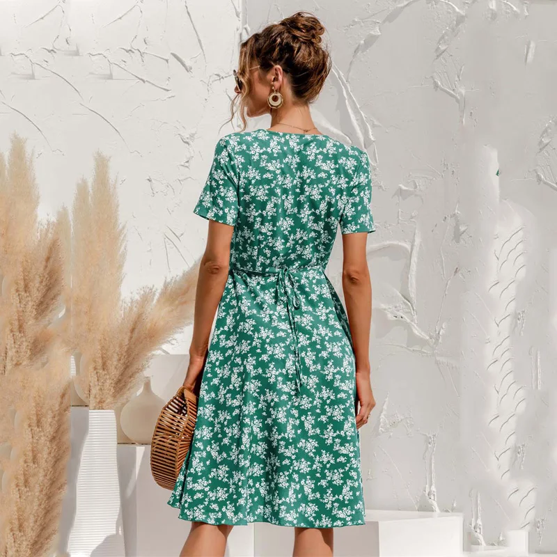 

2021 Summer Boho Floral Dress Women V Neck Midi Dress Ladies Flower Sexy Beach Sundresses for Women A Line Red
