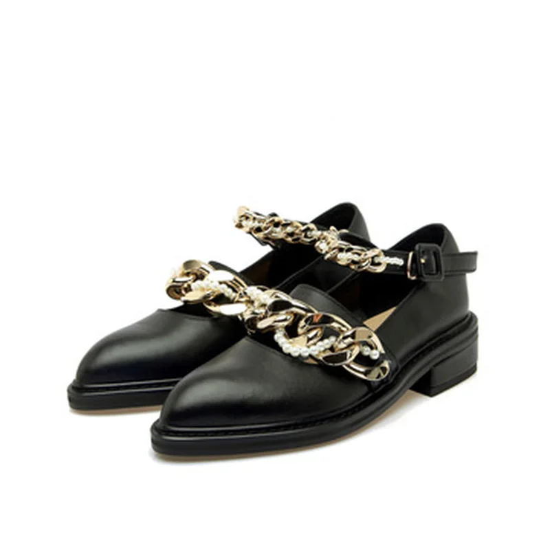 

Pointed Cowhide Chain Pearl Shallow Mouth Low-heeled Shoes Fashion Word Buckle Belt Thick Heel Mary Jane Women's Singles