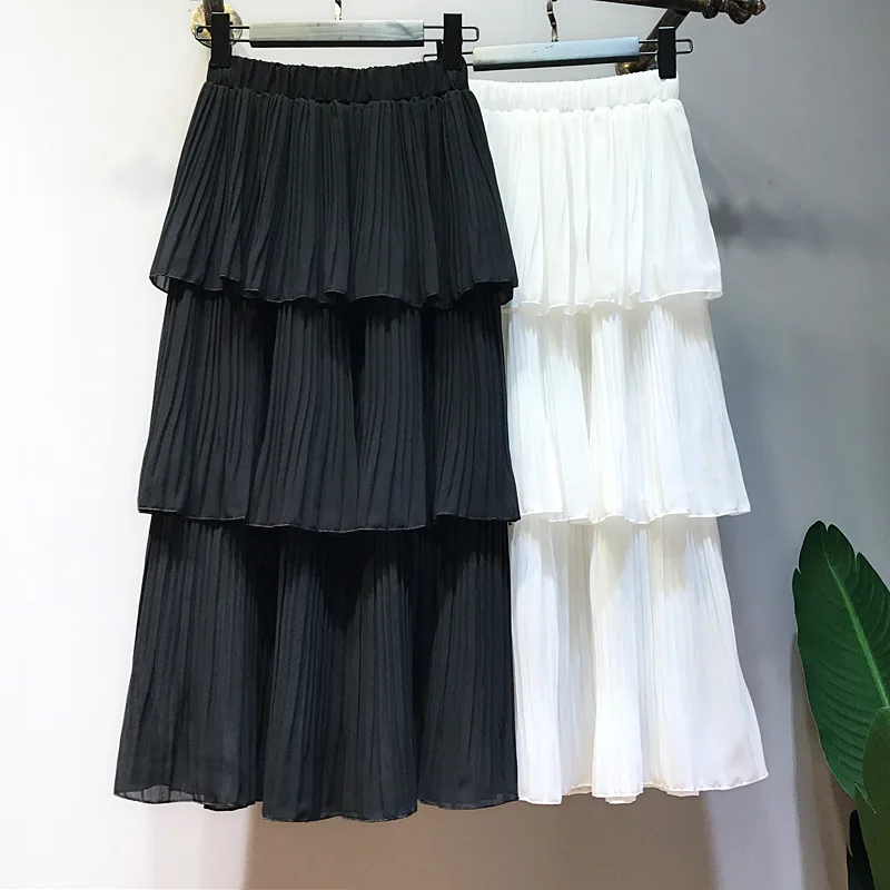 Весенне летняя однотонная белая черная многослойная шифоновая юбка Cakee Милая