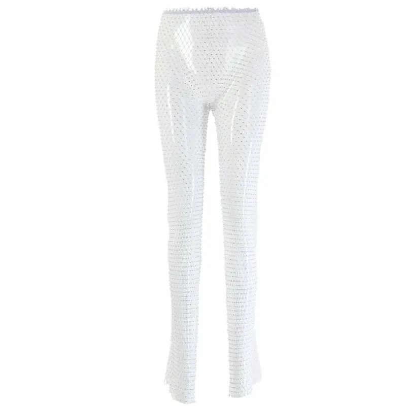 

Women Net Grid Open Slit Pants Shiny Imitation Diamond Decor Leggings Tights F42F