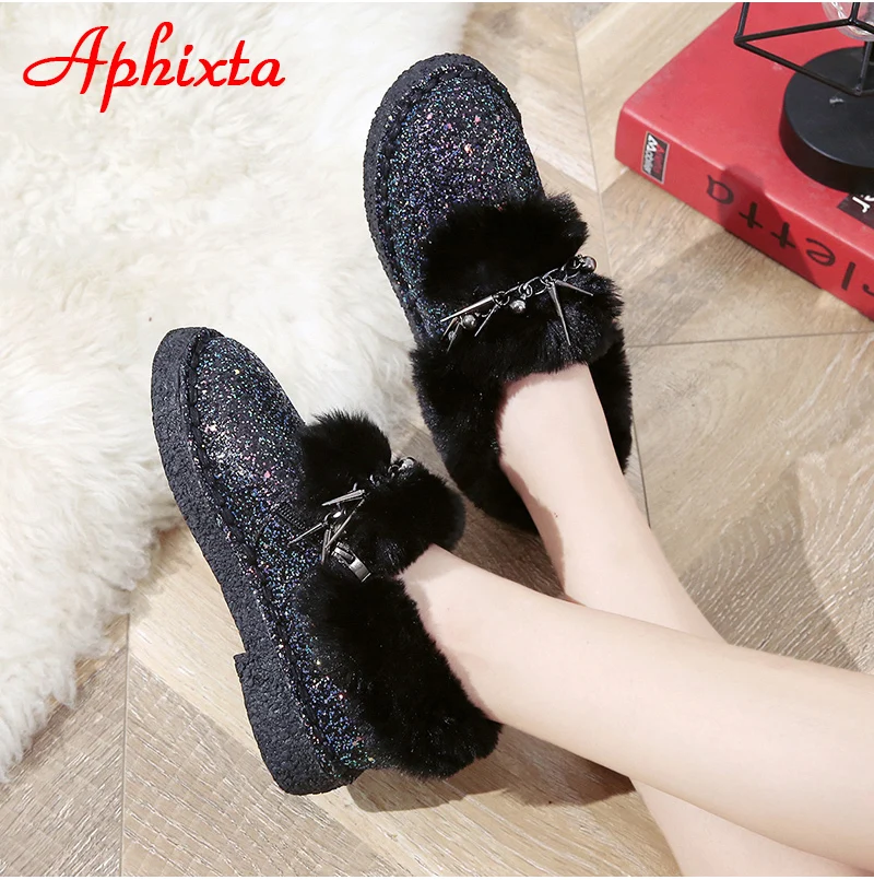 Сапоги aphixta; женские зимние ботильоны на плоской подошве; теплая женская обувь на платформе; женские меховые сапоги с круглым носком и металлической бахромой; Botas Mujer