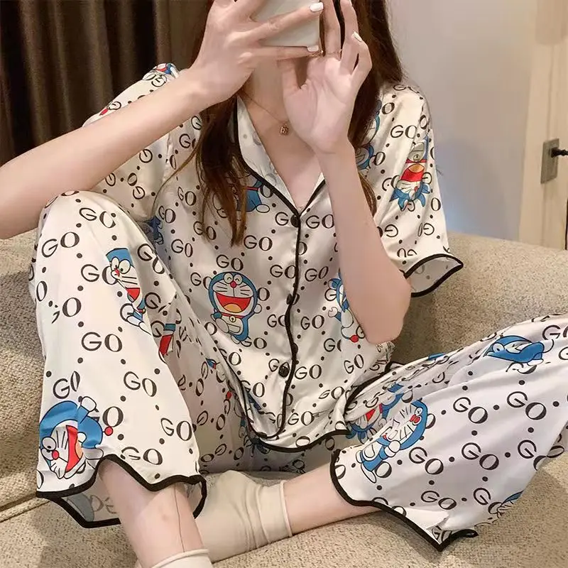 Summer Ice Silk Pijama Women Girls Thin Sleepwear Anime Cartoon Homesuits with Shorts Pants Kawaii Sleep Dress Cozy Ins Mujer