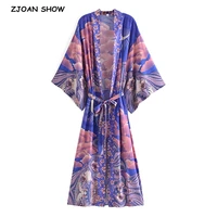 2021 bohemian women blue space moon flower print kimono shirt boho beach tide bow sashes maxi long cardigan blouse holiday tops