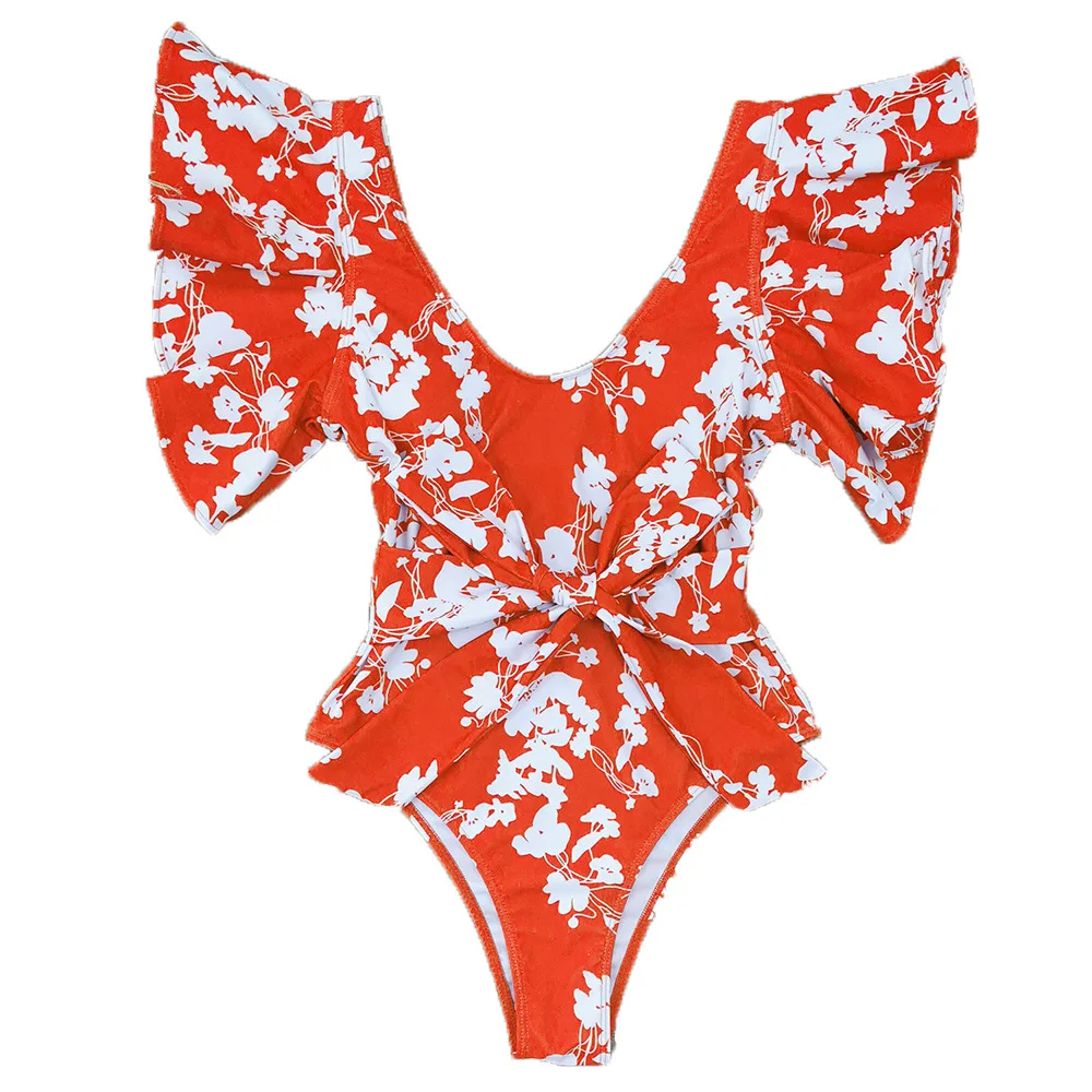 

Women Tropical Flounce One Piece Swimsuit High Waisted V Neck Swimwear Plus Size bathing suit women