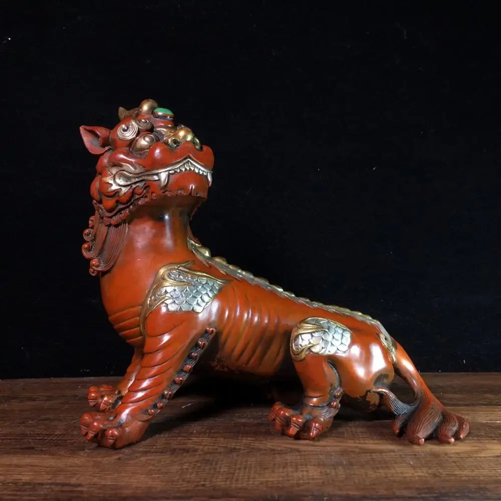 

9"Tibet Buddhism Temple Old Bronze Gilt Real gold Listen to Unicorn statue Jizo Bodhisattva vehicle Ward off evil spirits