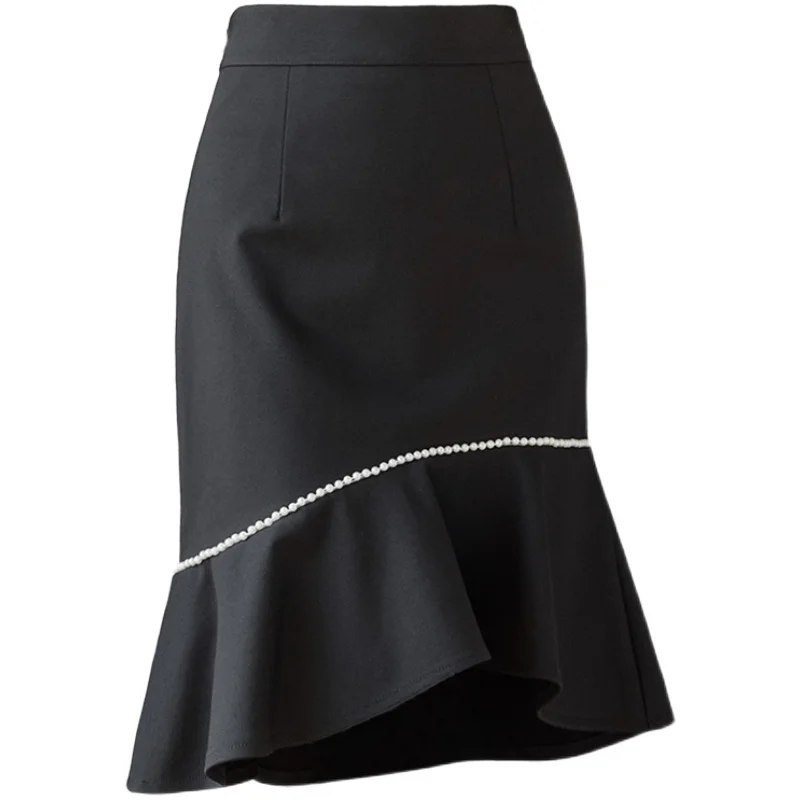 

2021 New Fashion Beading Ruffles Package Hip Skirt Women Black Skirts Office Lady Elegant Spring Summer Midi Skirt