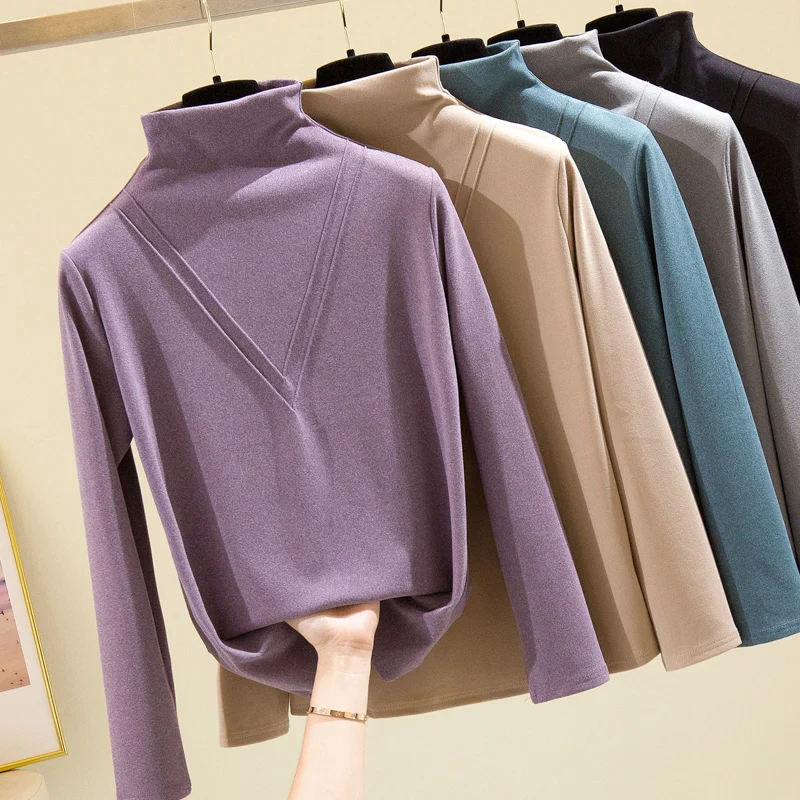 

Черная зимняя бархатная Водолазка с длинным рукавом Женская Осенняя Элегантная модная блузка в Корейском стиле и топы женские футболки ове...