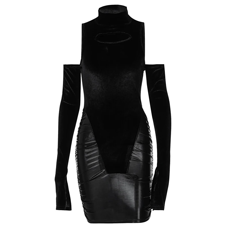 

MVA 2021 Long Sleeve Solid Turtleneck Hollow Out Patchwork Velour Mini Dress Spring Summer Women Fashion Sexy Party Wear D0C4199