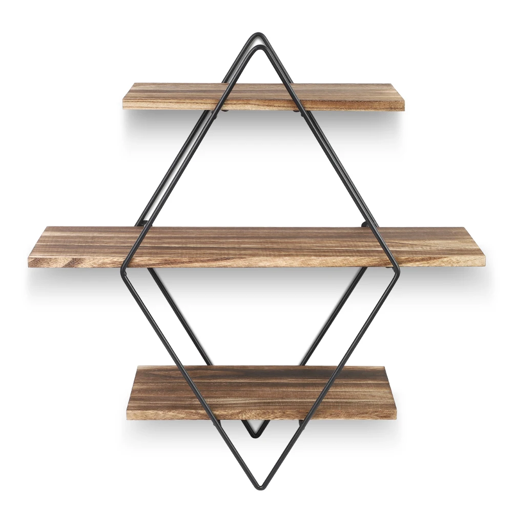 

Rustic Wood Wall Shelves Hanging Geometric Vintage Style Floating Metal Wall Mounted Shelves For Living Room Bedroom Decoration