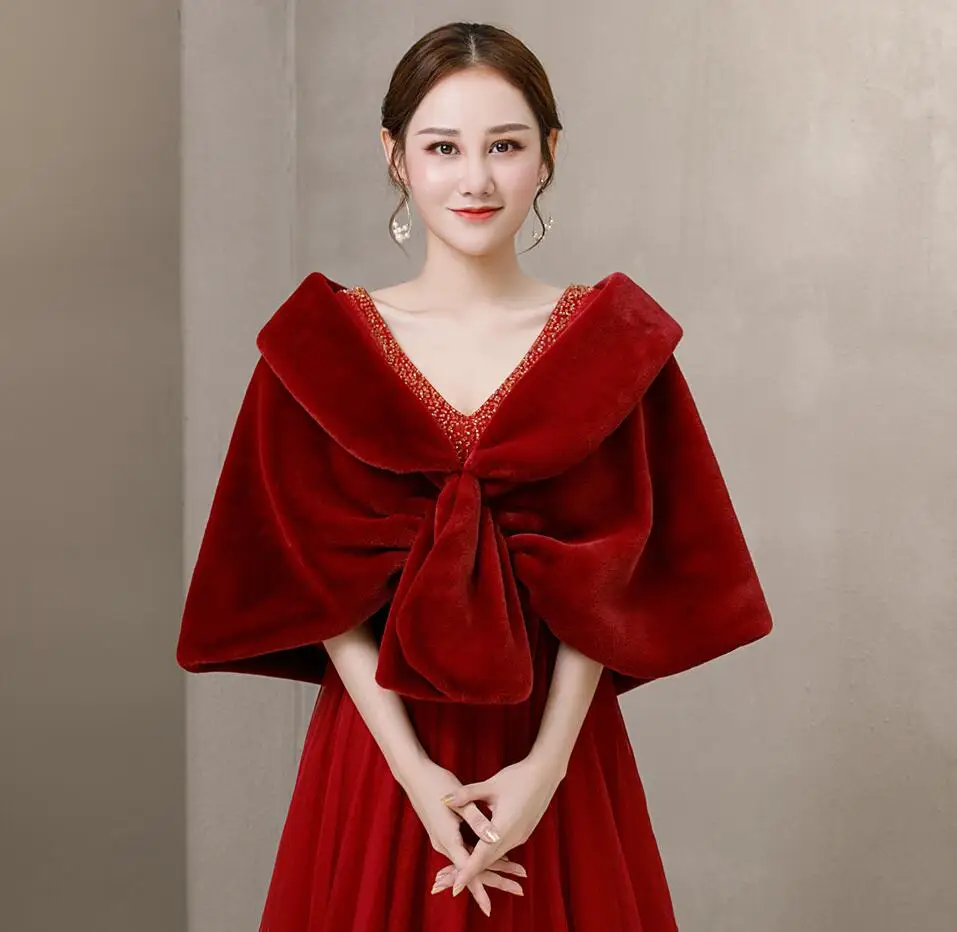 Бесплатная доставка зимнее свадебное болеро без рукавов теплое темно красное из