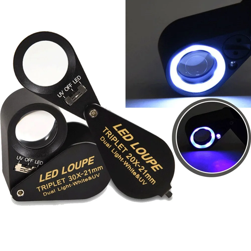 

Metal Jeweler Magnifier LED Lighs Magnifying Glass 10/20/30/40X Jewelry Loupe UV Lamp High-end Handheld Illuminated Lupa