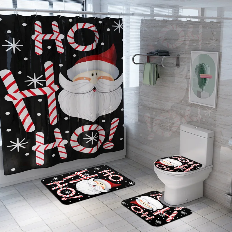 

Santa Claus Shower Curtain Bathroom Mats Set New Year Decor Toilet Carpets Christmas Bath Rug Toilet U-shaped Pad WC Floor Mat