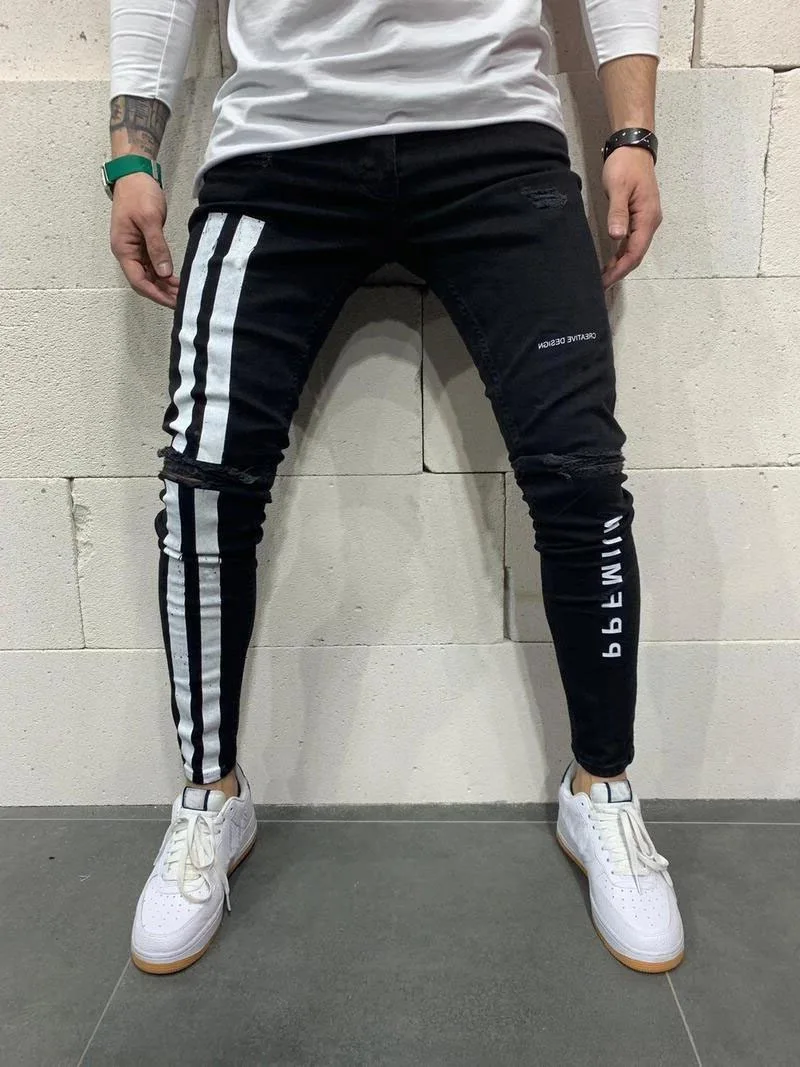 Men's Print Ripped Skinny Jeans With Small Feet