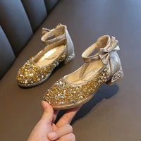 children high heel girls shoes princess kids leather shoes new girls bow casual glitter butterfly knot gold pink silver b664