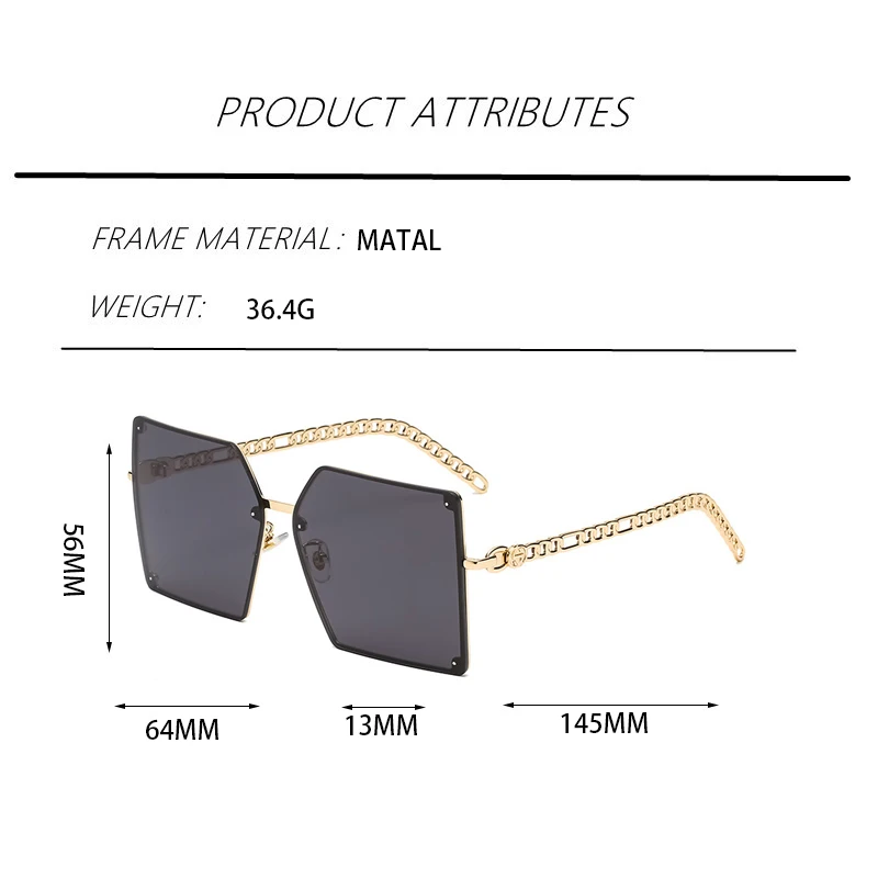 

Large border Oversized New Trend Square Sunglasses Women Gold Line Border Chain Temple Sun Glasses Ladies Girl Fashion gafas UV