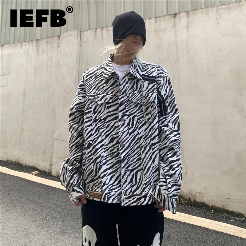 

IEFB High Quality High Street Fashion Zebra Print Design Denim Coat Men's Loose Oversized Jeans Jackets Casual Outer Wear 9Y8824
