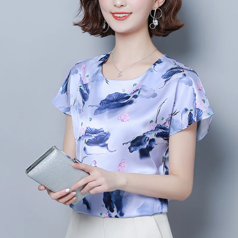 

Fashion Silk Woman Tshirts Flower Print Satin Womens Tops O-neck OverSize Short Sleeve Tshirt Elegante Ladies Tops Women Clothes
