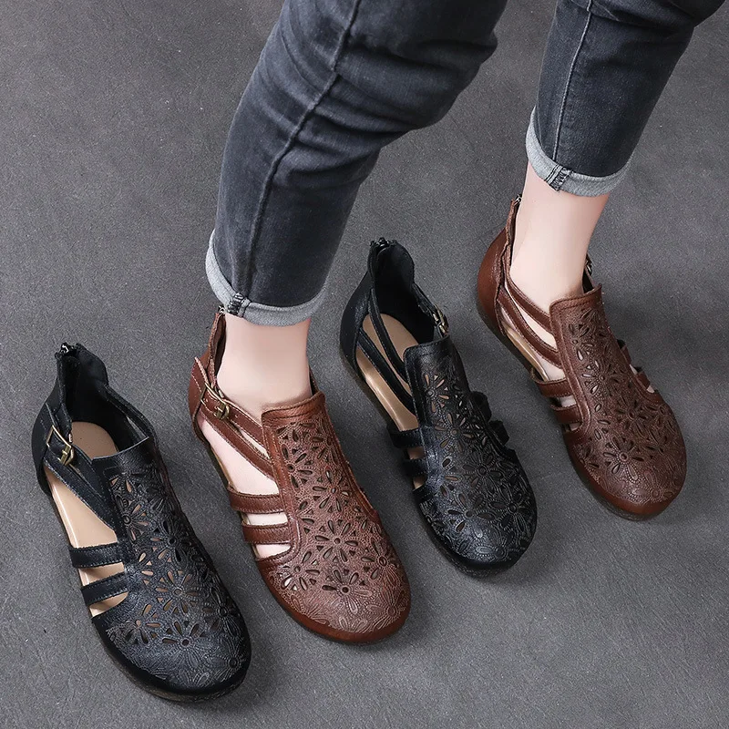 

Сандалии женские из натуральной кожи, босоножки с вышивкой, плоская подошва, каблук, обувь в ретро стиле, цвет черный, лето 2019