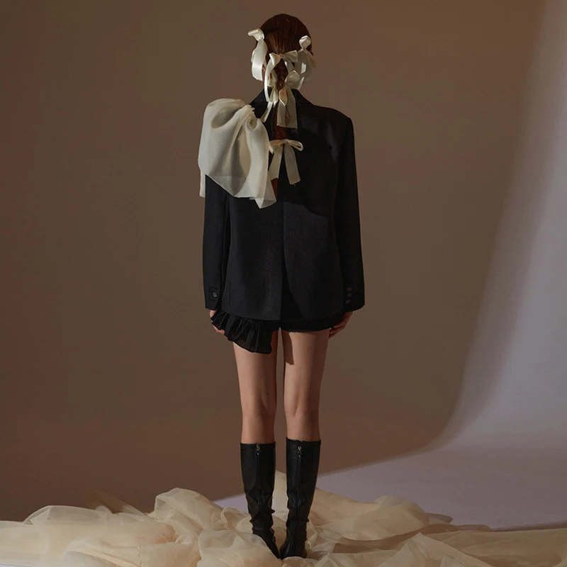 

VGH Patchwork Mesh Black Asymmetrical Female Blazer Notched Long Sleeve Korean Fashion Straight Women's Jacket 2021 Spring Style