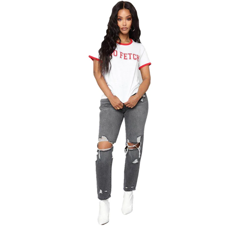 

Jeans Trousers Pencil-PantsRipped High-Waist Hole Women Denim Stretch DM001