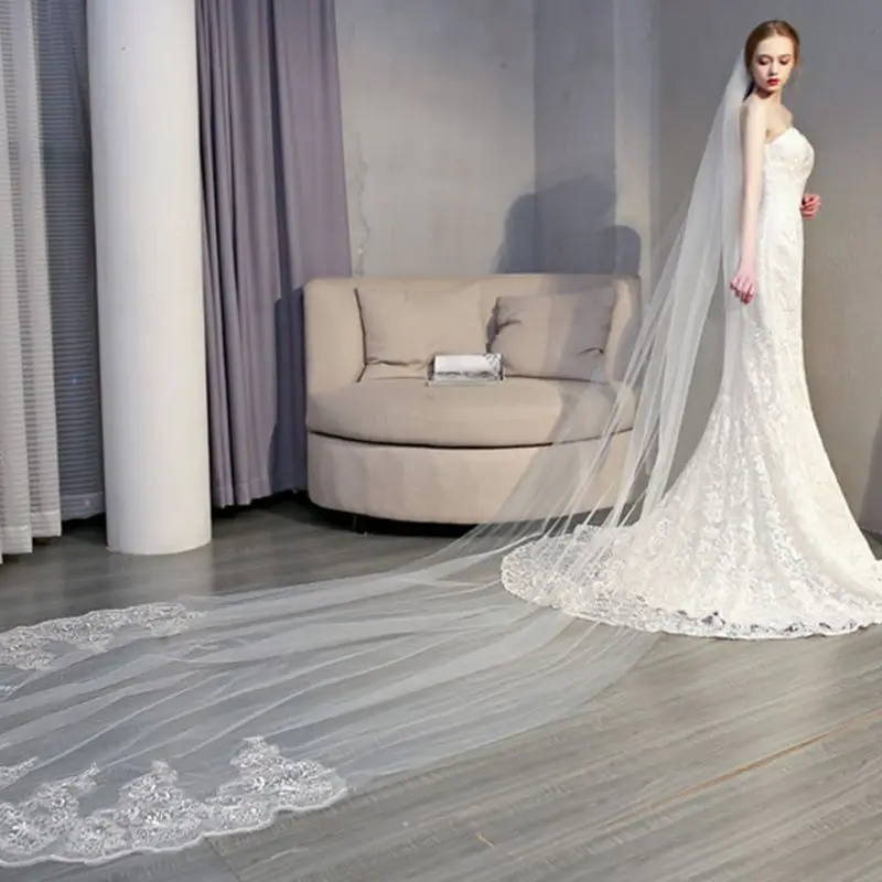 

4M One-Layer Women Trailing Cathedral Long Wedding Veil Embroidered Floral Lace Applique Scalloped Trim Bridal Veil With Comb