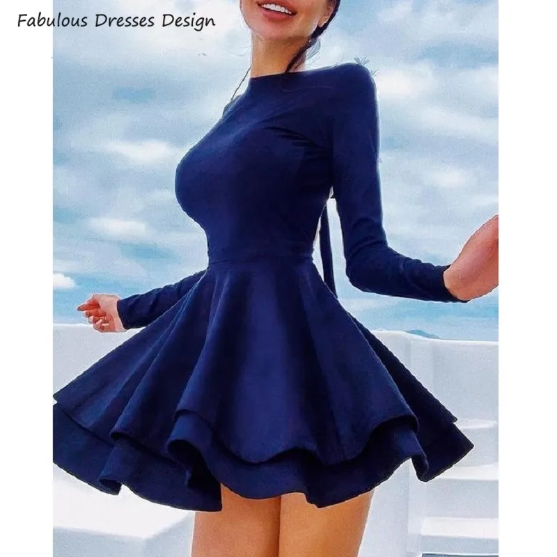 

Royal Blue 2020 Prom Dresses Long Sleeve Backless Mini Short Evening Dress Party For Women Bowknot A Line Vestido De Fiesta
