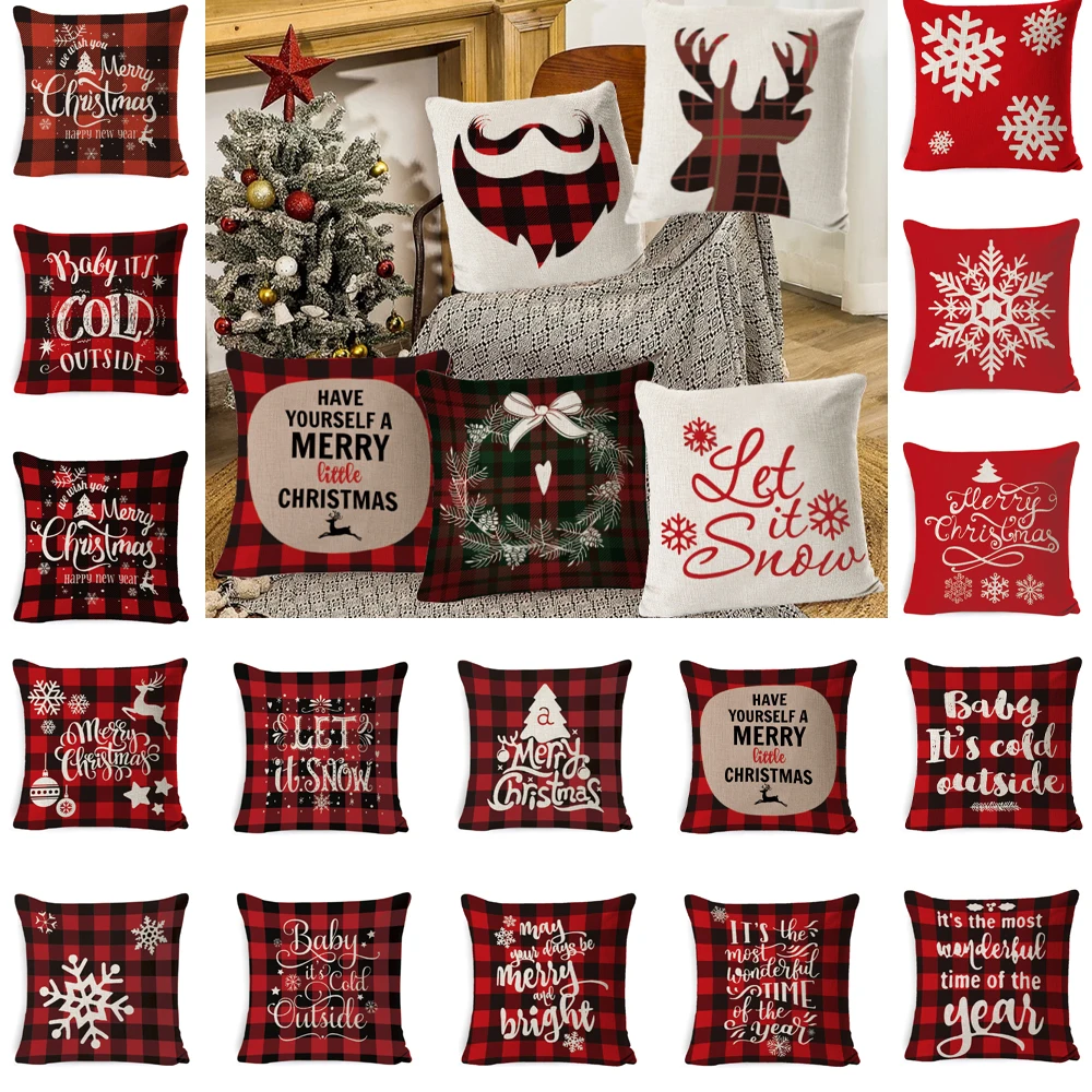 

45x45cm Flax Pillowcase Sofa Cushion Cover Elk Snowing Xmas Tree Printed Pillow Cover For Navidad 2021 Merry Christmas Decor