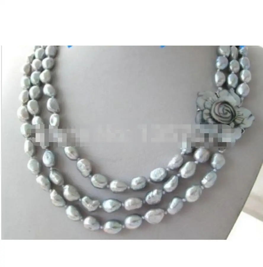 

3 Strands Gray Baroque Freshwater Pearl Necklace Shell Flower Clasp