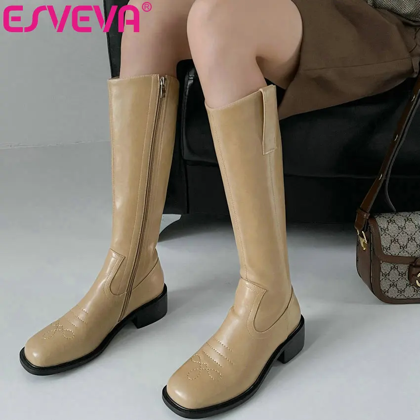 

ESVEVA 2022 Winter Shoes Genuine Leather embroidered Square Toe Med Heel Knee High Boots Women Shoes Size 34-39
