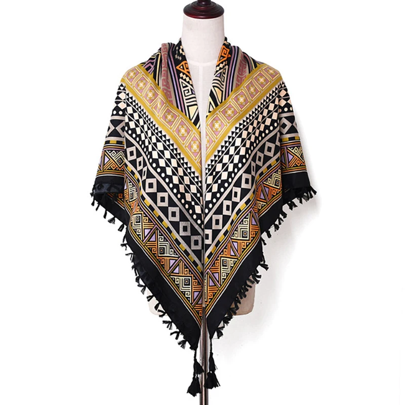 

Женский хлопковый шарф Foulard, Большая квадратная шаль с принтом в этническом русском стиле, зимний шарф с кисточками