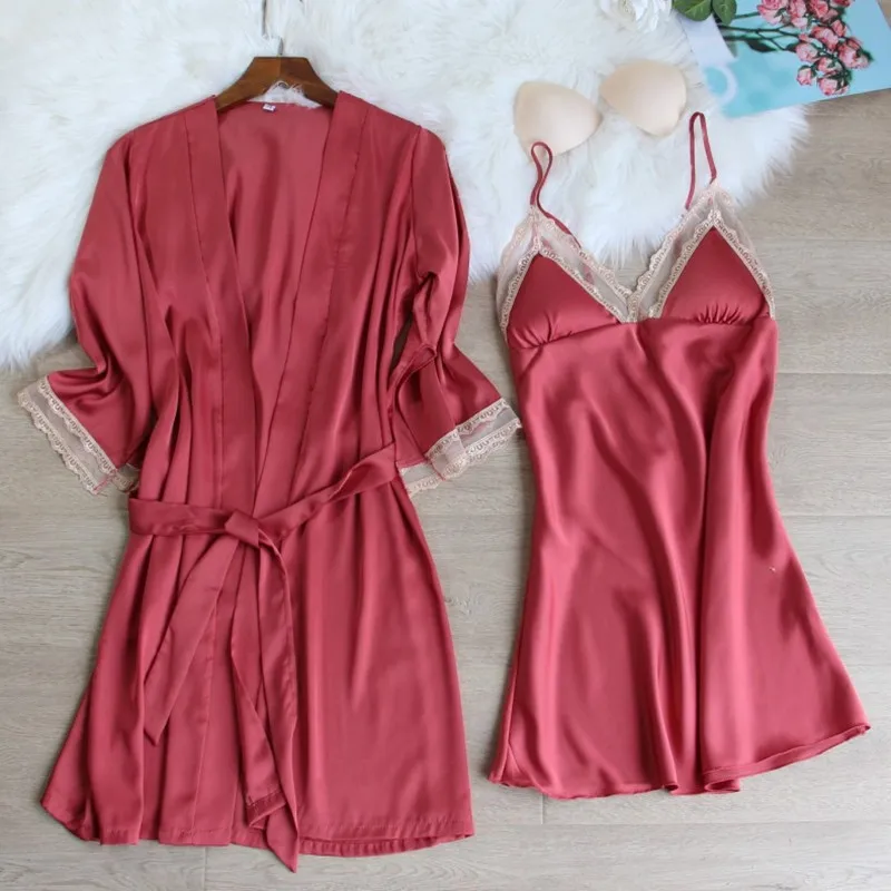

Women Robe & Gown Sets Sexy Lace Sleep Lounge Pijama Half Sleeve Ladies Nightwear Bathrobe Night Dress With Chest Pads