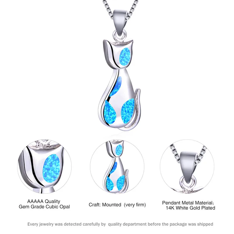 

Boho Female Small Cat Pendant Necklace Classic Silver Color Long Wedding Necklace Vintage Blue Opal Animal Wedding Necklace