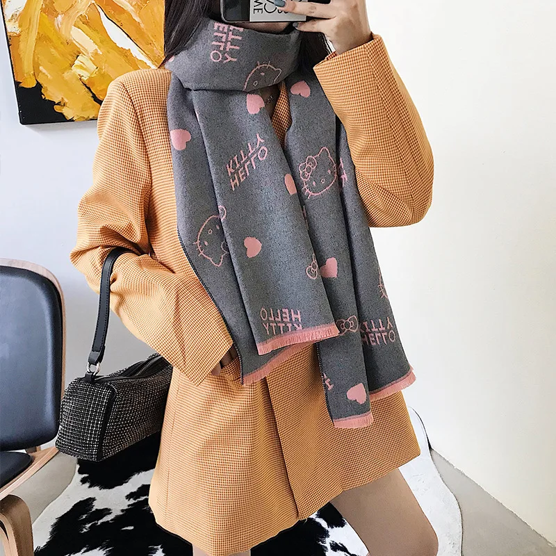 

Fall Winter 2019 New Korean Cute Cartoon Kitty Woman Scarf Imitated with Cashmere,Warm Lady's Scarf Thick Shawl infinity scarf