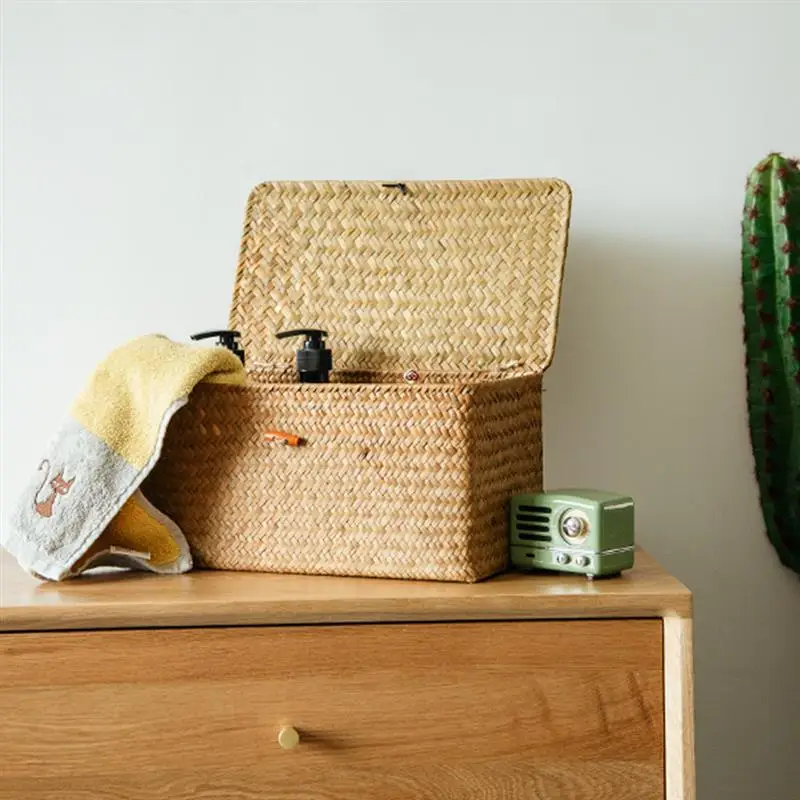 

Manual Woven Storage Basket Lid Wicker Basket Rattan Sundries Storage Box Handmade Sorting Boxes For Clothes Jewelry