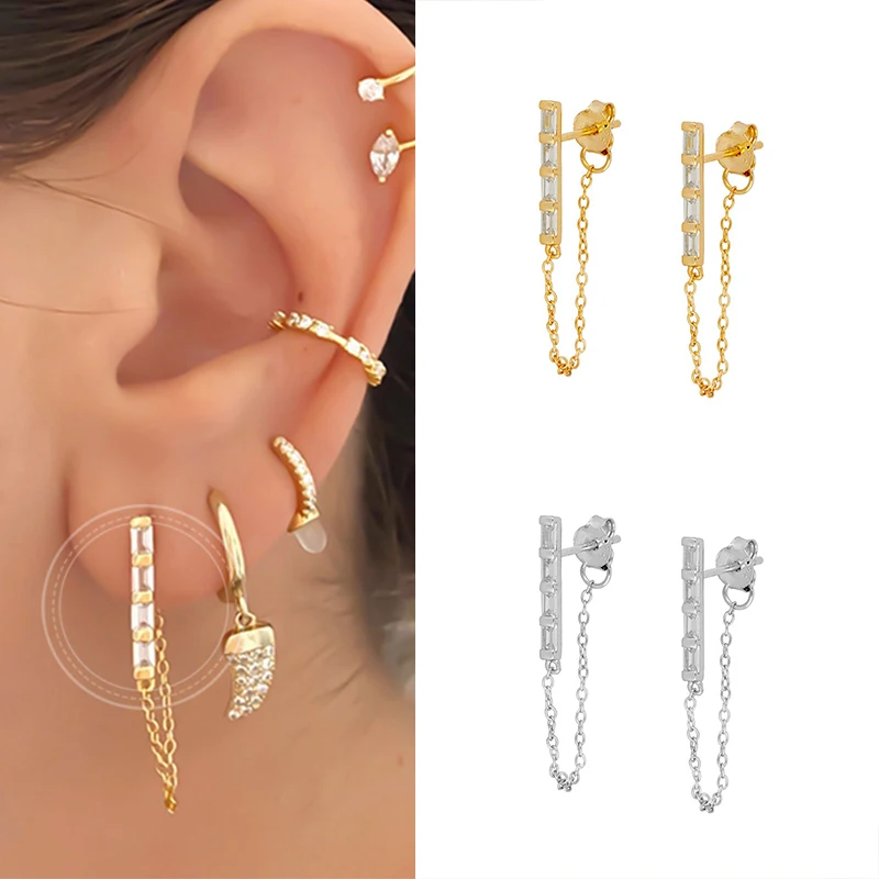 

925 Sterling Silver Ear Needle Chain Stud Earrings For women Exquisite Accessories Romantic Wedding Jewelry Earrings