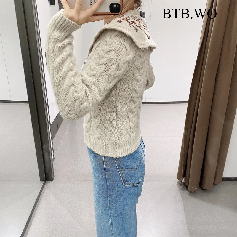 

BTB.WO Za Sweater Women Embroidery Cropped Tops Knitted Sweater Winter Long Sleeve Vintage Female Outerwear Chic Tops