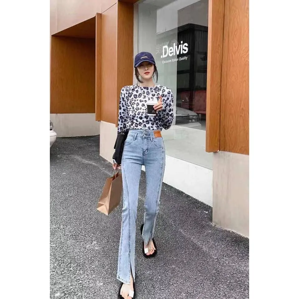 Summer Autumn Casual High Waist Split Flare Jeans For Women Casual Slim Stretchable Long Denim Pants Ladies Chic Boot Cut Jeans images - 6