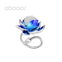 chinese style 925 sterling silver enamel lotus flower ring with white hetian jadeadjustable size 6 11free shipping
