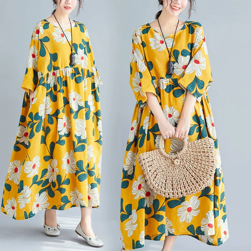 

Floral Print Boho Holiday Beach Dress 2020 New Half Sleeve O-Neck Oversized Loose Party Dress Cotton Linen Vestido De Festa