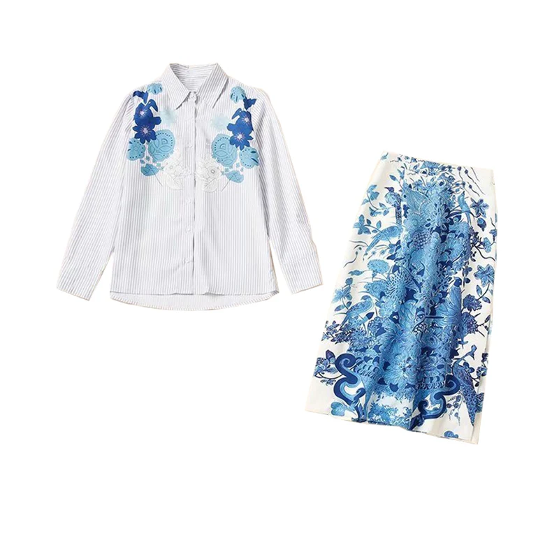

2pcs set blue flower print striped shirt + side slit high waist midi skirt