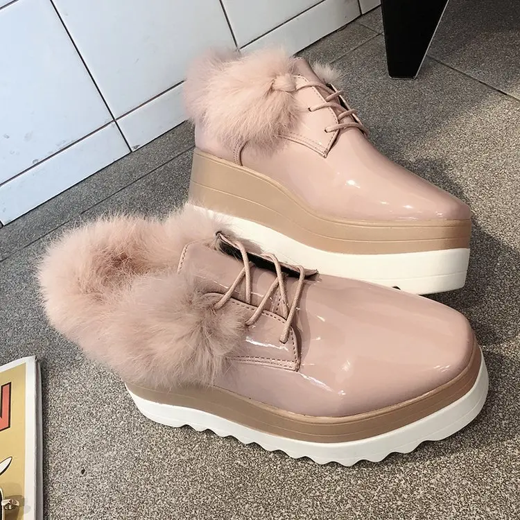 

New Spring Women Shoes Patent Leather Lace Up Plush Increased Flat Platform Oxford Shoes Woman Loafers Casual Shoes Plus Size