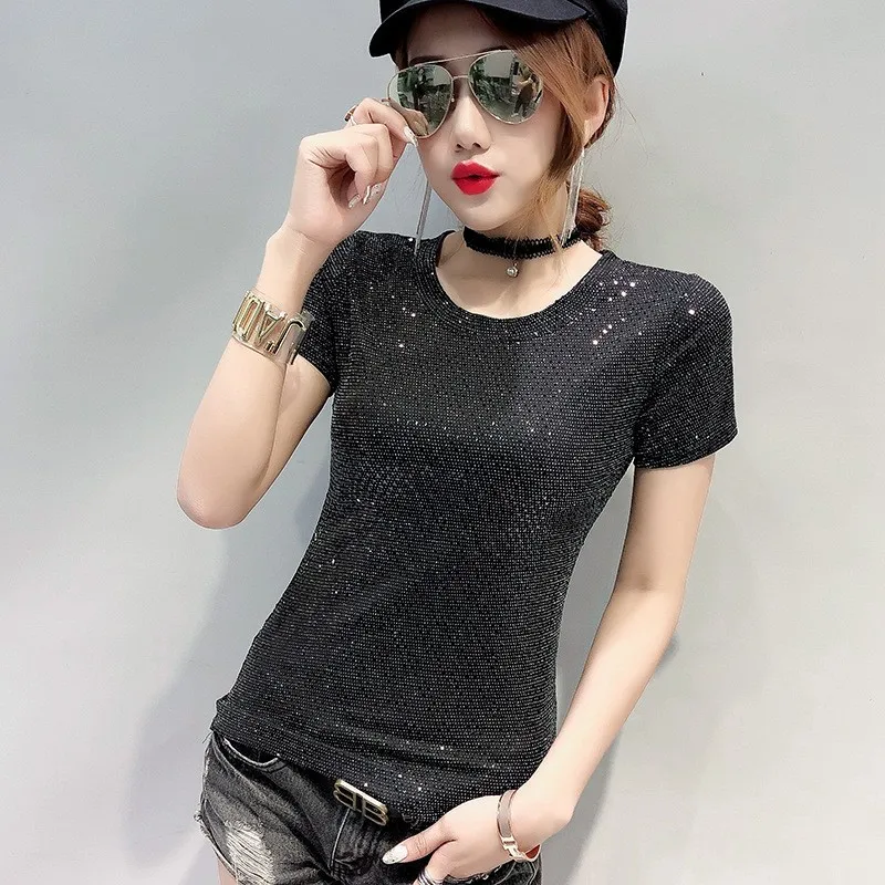

New Fashion Women Bling Summer Short Sleeve Slim Fit Tees Female Cloth Top O Neck Stretchy Night Clubwear T-shirt