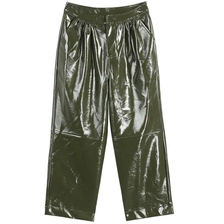

Army Green Solid Vintage Leather Pants Women 2020 Autumn high Waist Straight Female Office Ladies Trousers
