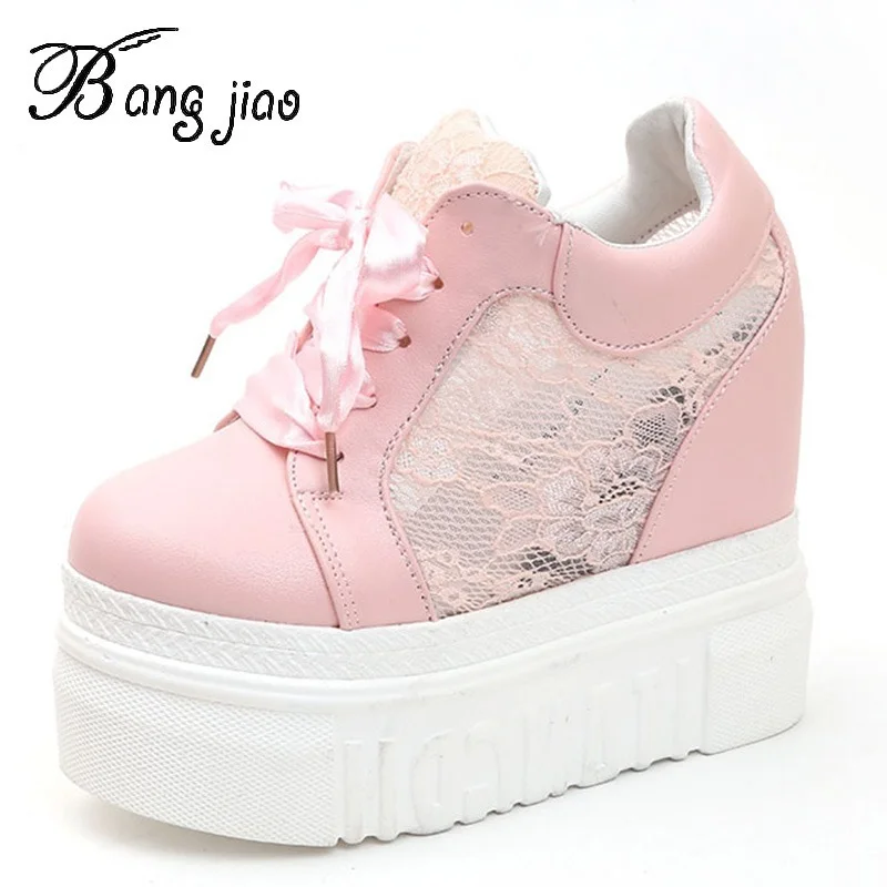 Кроссовки женские на платформе 14 см Вулканизированная подошва танкетка Шелковый