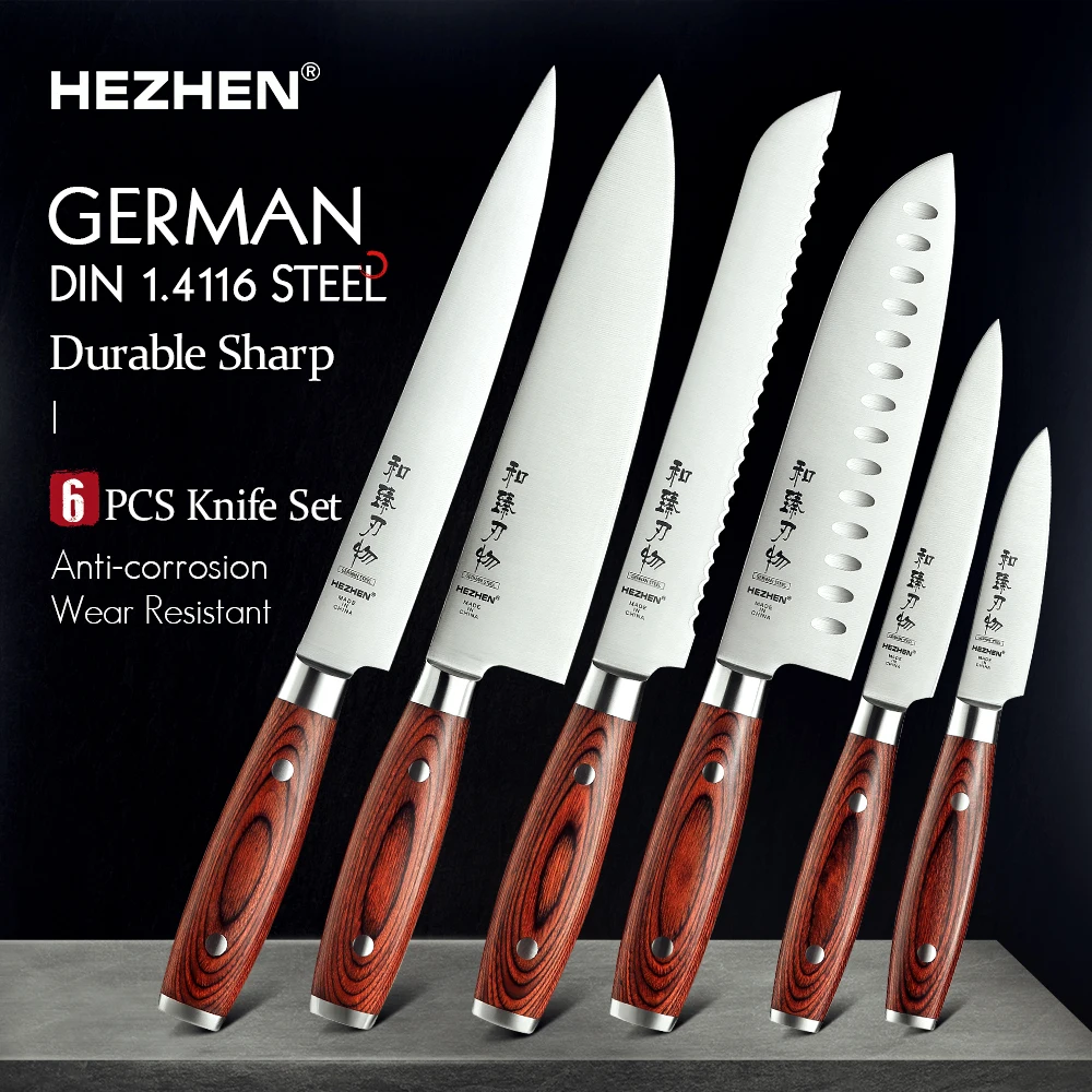 Набор ножей HEZHEN 1-6 шт., резьба, шеф-повар, хлеб, сантоку, утилита, очистка овощей, деревянная ручка и заклепки из нержавеющей стали, кухонный инструмент - изображение